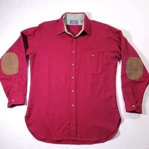 Vintage Pendleton Large Red Wool Button Up Field Shirt Suede Elbow Made in USA